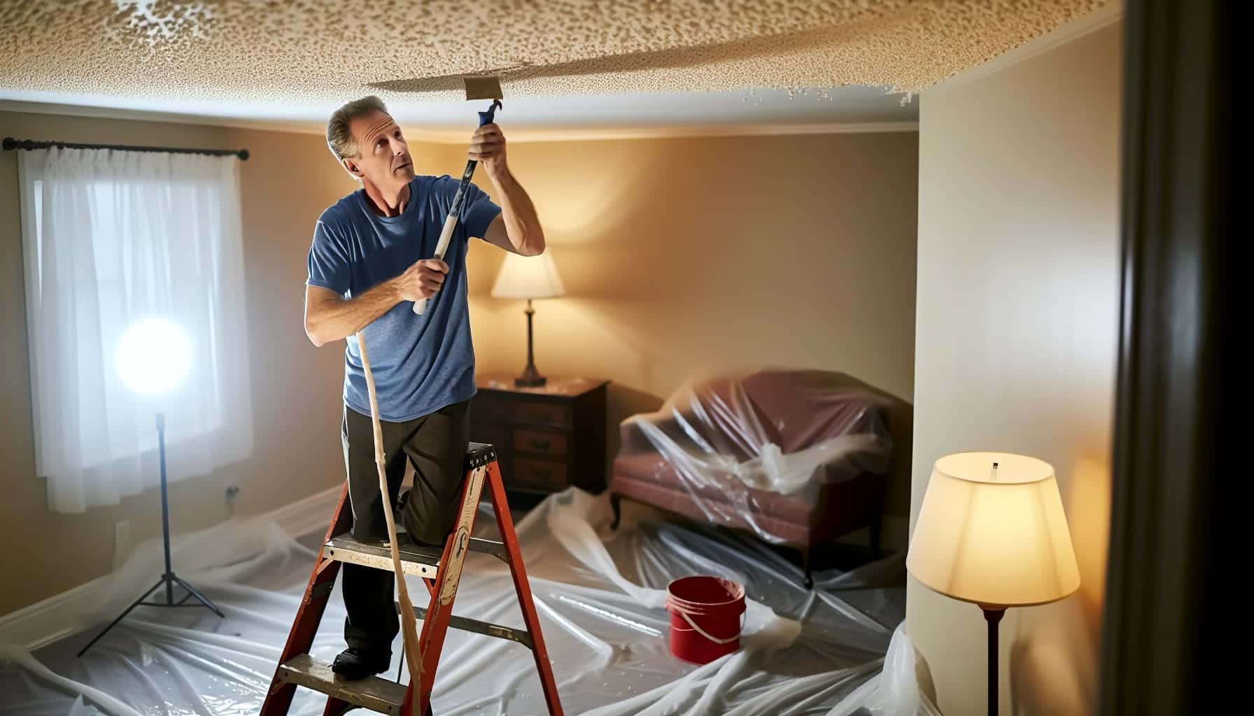 Person scraping popcorn ceiling in a room with furniture covered in plastic