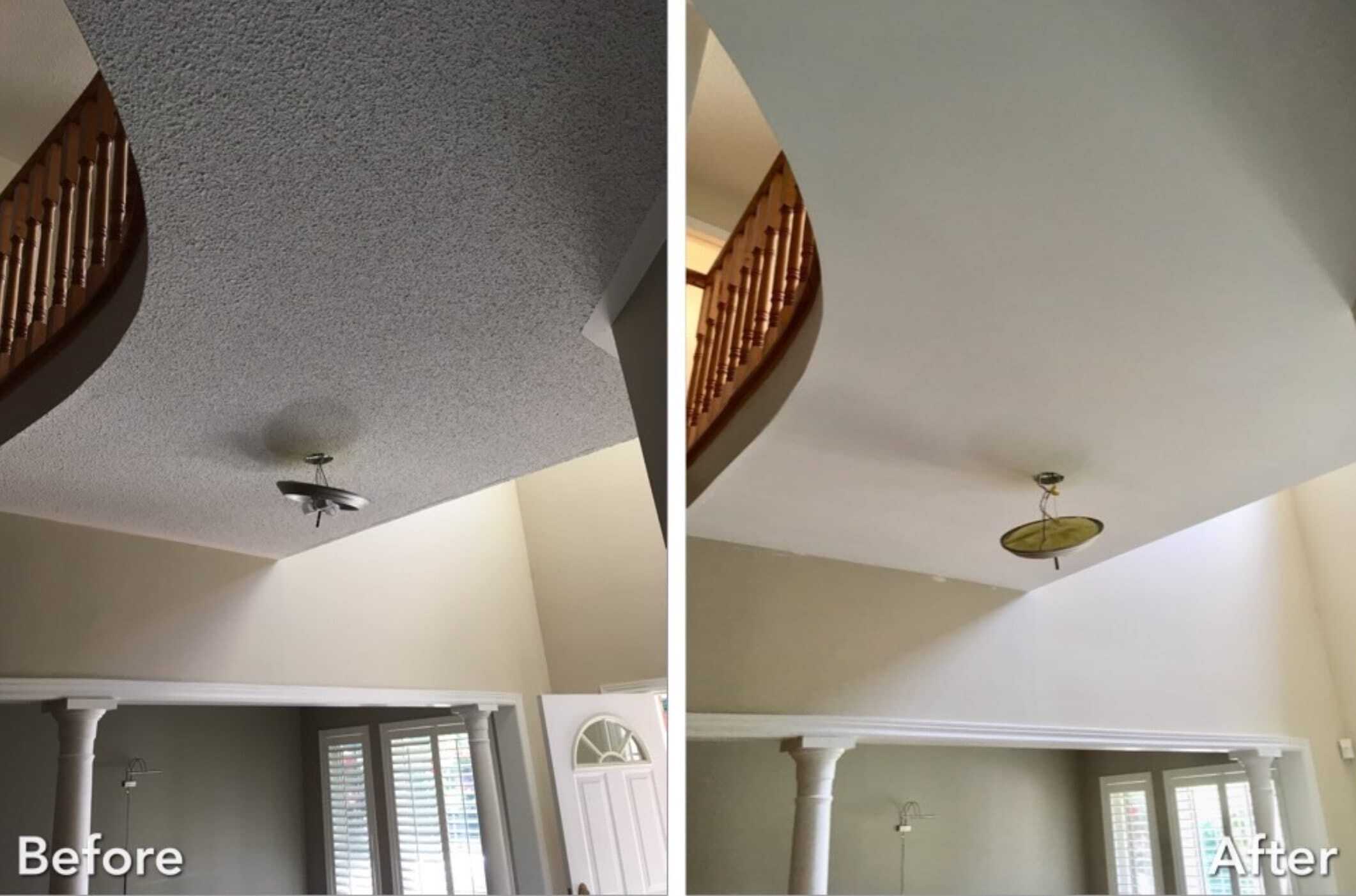 Smooth ceiling transition after popcorn ceiling removal in Mississauga home