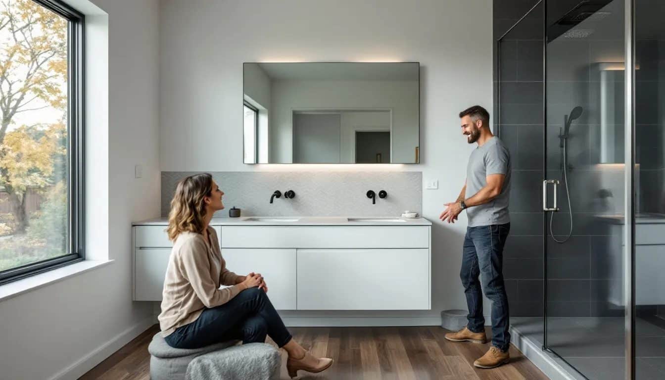 A trusted bathroom renovation contractor in Toronto discussing plans with a homeowner.
