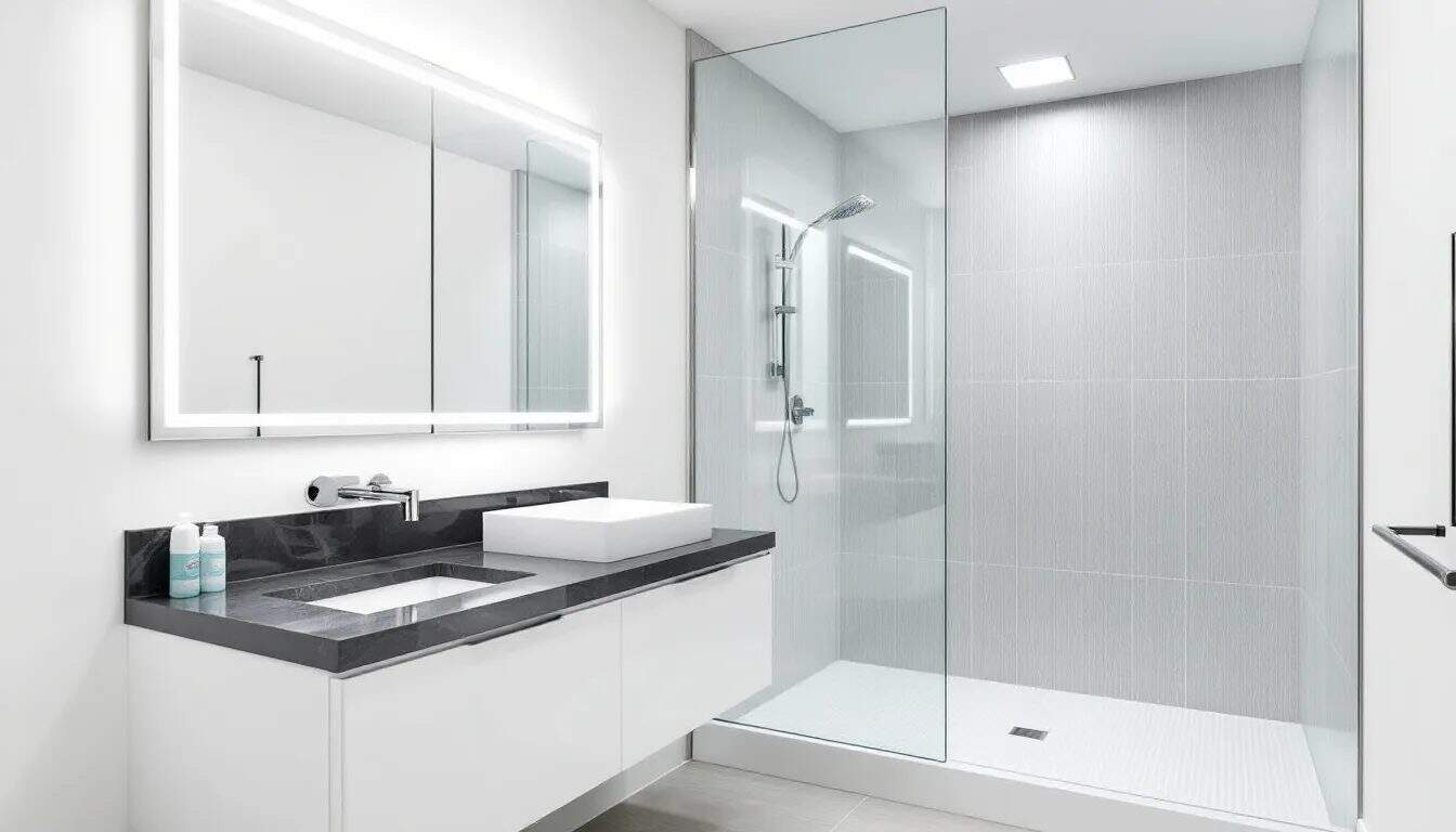 Modern features enhancing bathrooms, including walk-in showers and double vanities.